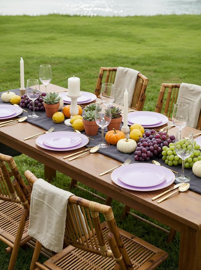 bUCLA 100PCS Purple Plastic Plates - Purple Lavender Disposable with Gold Rim - Include 50 Pieces 10inch Dinner & 50 Pieces 7inch Dessert Plates, Ideal for Party, Birthday & Spring