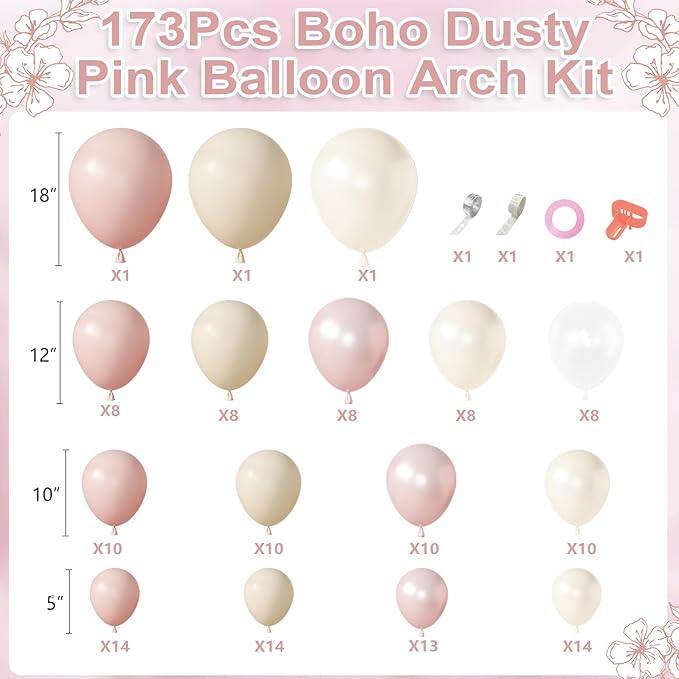 Amandir 173 Pcs Pearl White Pink Balloon Arch Garland Kit, Double Stuffed Dusty Pearl Pink White Sand Clear Balloons for Wedding Boho Neutral Bridal Shower Birthday Valentine's Day Party Decorations