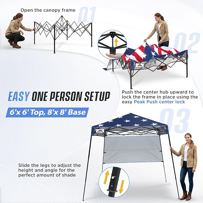 EAGLE PEAK 8x8 Pop Up Canopy Tent with Sidewall, Compact, Portable Slant Leg Instant Sun Shelter for Beach, Sports, & Camping, 8x8 Base 6x6 Top, American Flag