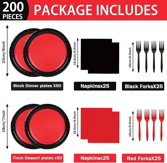 gisgfim 50 Guests Red and Black Party Supplies Decoration Black and Red Birthday Plates and Napkins Forks Red Black Disposable Tableware Red Birthday Party Paper Plates for Boys Girls Party 200PCS