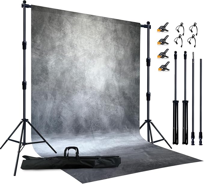 8Wx12H ft Abstract Photo Backdrop Kit, Grey | 2-in-1 Portable, 10Wx8.5H ft Adjustable Stand, 8Wx12H ft Abstract photography background, 8 Clamps, Storage Bag Included