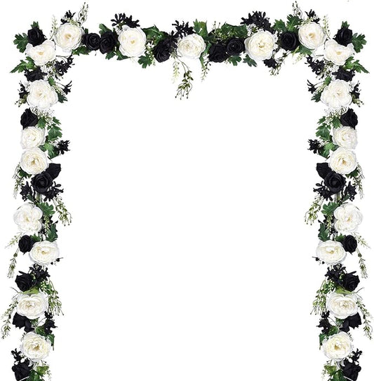 DearHouse 2Pcs Artificial Peony Flower Garland - Silk Peony Garland with Black White Flowers for Wedding Party Table Decoration,6ft/Strand (2, White & Black)