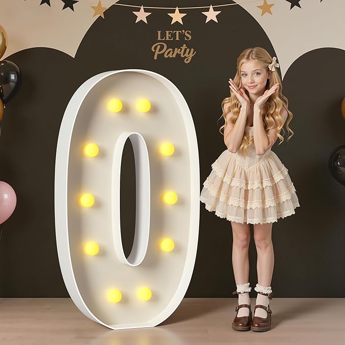4FT Light Up Numbers, Large Marquee Numbers 0 for 10th 30th Birthday Decorations for Boy Girl, Giant Light Up Numbers for Party Anniversary, Marquee Letters Pre-Cut Mosaic Numbers for Balloons