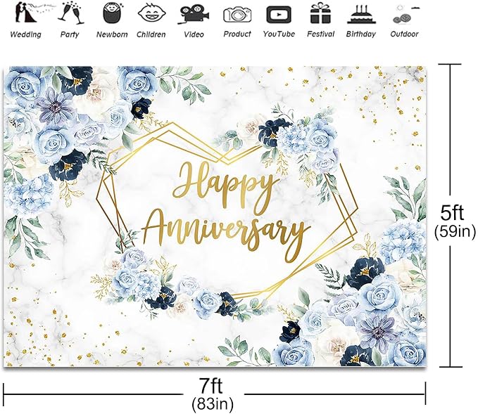 Happy Anniversary Backdrop 7x5ft Blue and White Flowers Wedding Anniversary Party Decorations Background Bridal Shower Engagement Banner Photo Booth Props