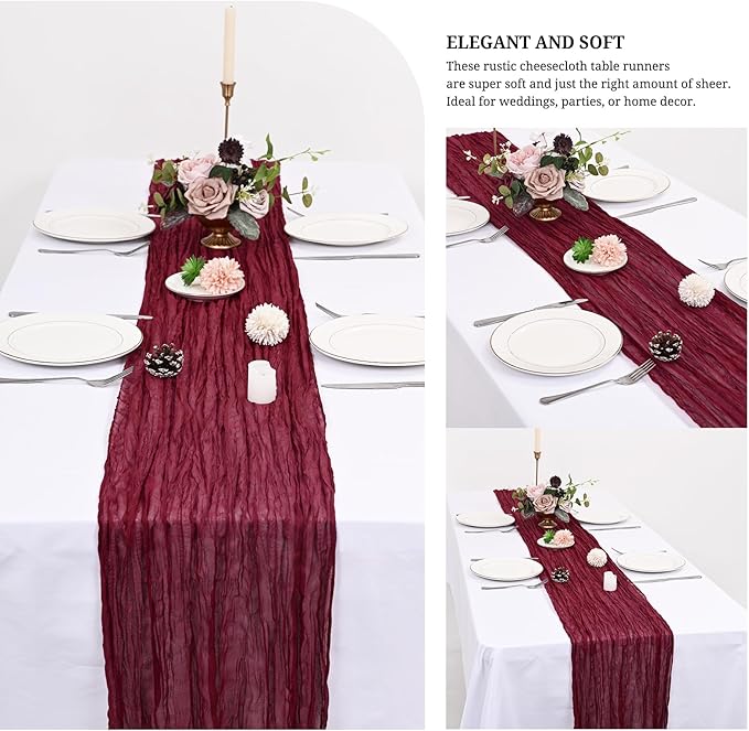 24 Pack Burgundy Cheesecloth Table Runner 120 inch Fall Thanksgiving Boho Rustic Gauze Farmhouse 10FT Cheese Cloth Runner for Baby Shower Wedding Party Holiday Home Decor