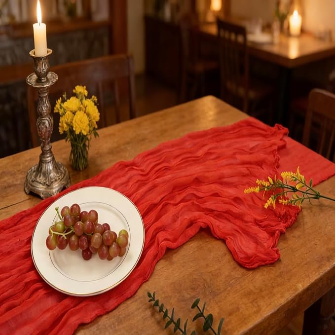 10 Pack Red Cheesecloth Table Runner 10FT Boho Gauze Fabric Cheese Cloth Table Runners for Wedding ,Party,Baby Shower, Bridal Party, Rustic Farmhouse and Table Decorations