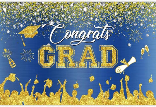 Leowefowa Congrats Grad Backdrop 5x3ft Blue Gold Glitter Graduation Backdrops for Photography Congratulations Graduates Backdrop Banner Grad Prom Party Decor Grad Photo Booth Props