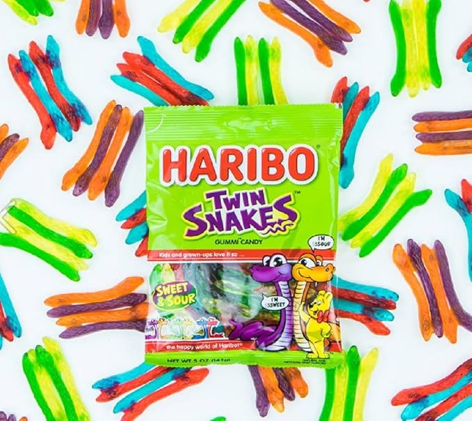HARIBO Gummi Candy, Twin Snakes Sweet & Sour Gummy Candy, 5 Ounce Share Size Bags (Pack of 12) Delicious Soft & Chewy Snacks, Assorted Fruity Flavors