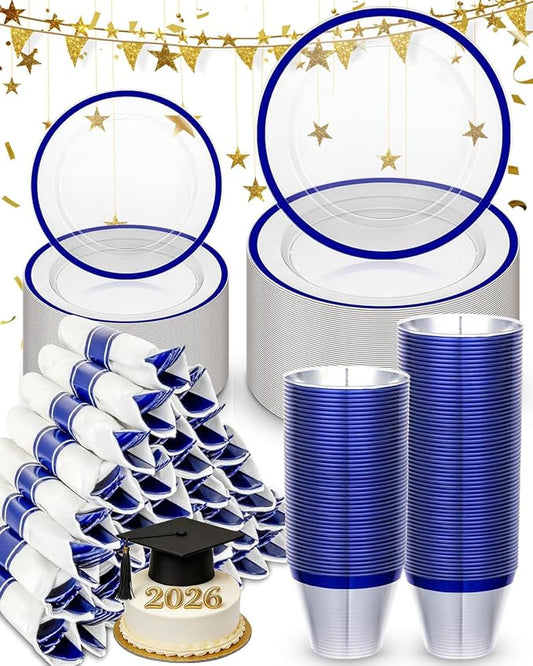 BESTVIP 350PCS Plastic Clear Blue Plates for Party, Disposable Dinnerware Set for 50 Guests, 100 Plastic Plates, 50 Cups, 50 Pre-Rolled Napkins with Cutlery for Graduation Party, Christmas, Birthday