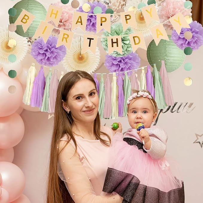 Pink Sage Green and Purple Birthday Decorations for Women Purple and Green Birthday Decorations Boho Lilac Sage Blush Pink Pastel Party for Girls Cream Dusty Rose Tassel Garland with Banner Beige Gold
