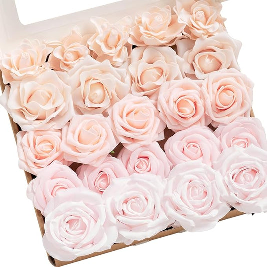 Ling's moment Artificial Flowers Fake Silk Roses Faux Foam Gardenia Combo for DIY Wedding Bouquets Centerpieces Arrangements Bridal Shower Party Home Decorations, Pale Pink, 23pcs