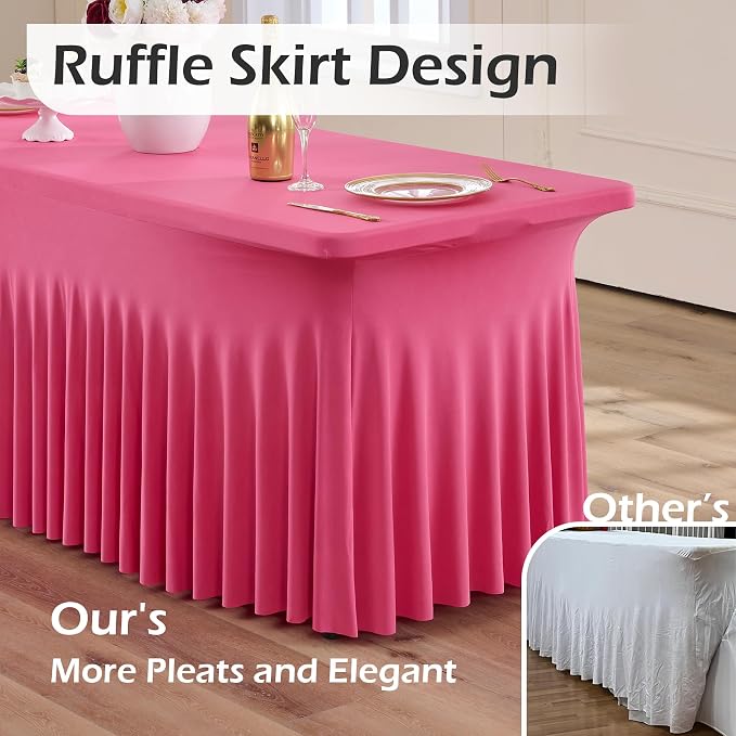 NSSONBEN 6 pk Hot Pink Spandex Tablecloth for 6 Foot Rectangle Tables, Wrinkle Free Fitted Spandex Table Covers 6ft Stretch Table Cloths with Ruffle Skirt for Parties Weddings Banquet Baby Shower