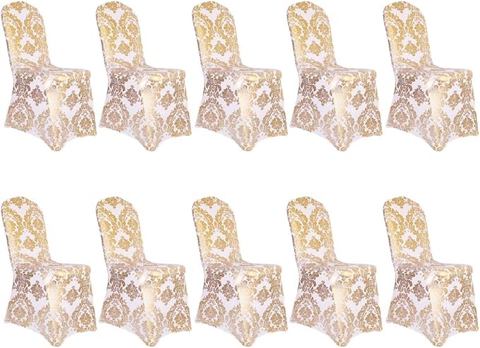 Pack of 20 Dining Chair Covers Bronzing Gold Flower Print Removable Washable Spandex Stretch Decorative Chair Slipcovers Set for Party Wedding Home Decorations - Gold+White