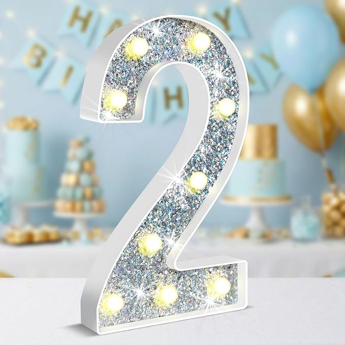 12.6 Inch LED Silver Marquee Light Up Numbers, 2nd Birthday Decorations Number Lights as Gifts for Girls Boys, Glitter Lighted Marquee Numbers for Silver Anniversary Party Table Decor, 2