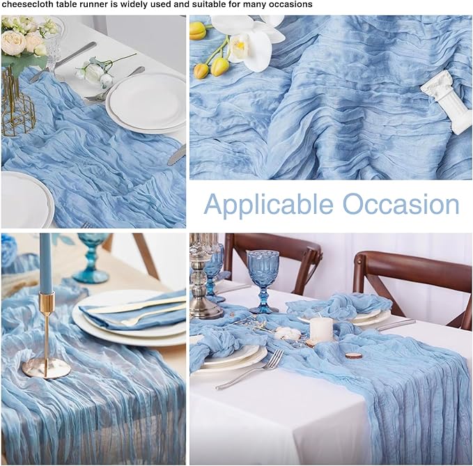 6 Pack Baby Blue Cheesecloth Table Runner 21x120 Inch Boho Wrinkled Sheer Romantic Gauze Decor for Wedding, Bridal Shower, Birthday Party