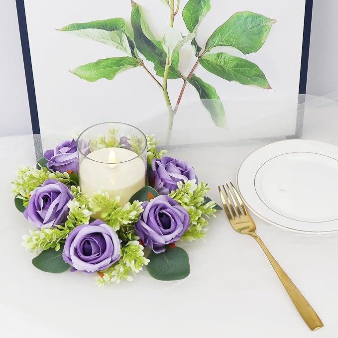 Purple Rose Candle Rings with Flameless Candles Sets - 12PCS Artificial Flower Eucalyptus Wedding Centerpiece 3 Inch Pillar Candleholders Wreaths for Wedding Party Decor (Purple - 6 Sets)