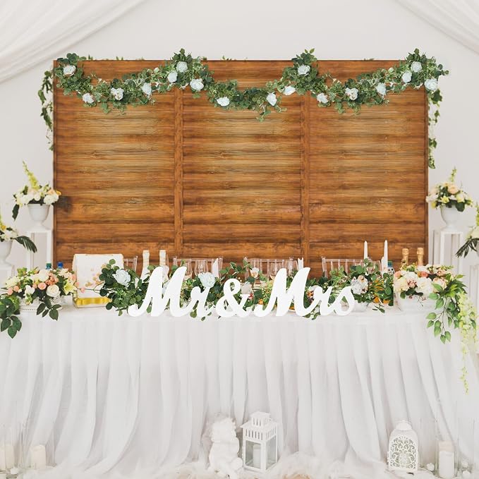 Canlierr 2pcs Large White Mr & Mrs Sign for Wedding Table with 5.91ft Artificial Flowers Garland, Wedding Centerpieces Wooden Bride and Groom Table Decorations for Engagement Decor(White Rose)