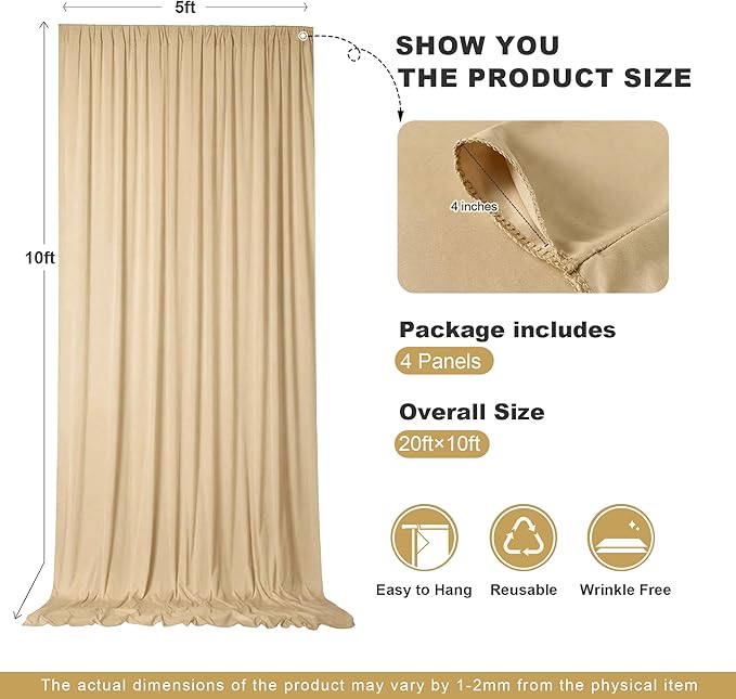 20x10ft Champagne Backdrop Curtains for Parties, 4 Panels 5x10ft Wrinkle-Free Polyester Background Curtains for Wedding, Birthday, Baby Shower,Graduation, Decorations