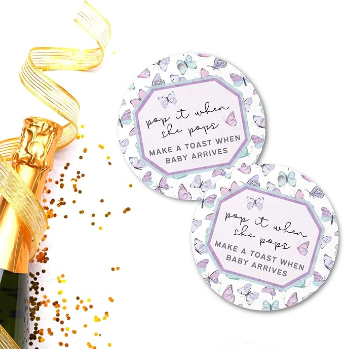 Pop It When She Pops Butterfly Tags | 30 pk, 2.5” Purple Labels for Champagne Mini Bottles Pink Bubbly Favor Hang for Baby Shower or Gender Reveal