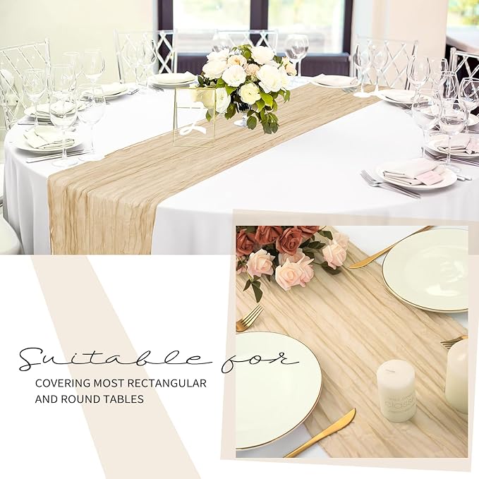 24 Pack Cheesecloth Table Runner 20 x 120 inch Cheese Cloth Table Runner Bulk,Romantic Boho Sheer Gauze Fabric Table Runners for Wedding Reception,Party,Bridal Shower Table Decor(Beige)