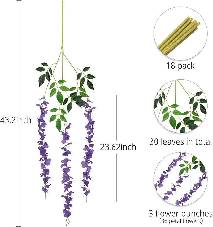 12 Pack Artificial Wisteria Hanging Flowers Fake Wisteria Flower Garland Silk Vines Rattan Decor for Home Wedding Arch Wall Garden Greenery Bedroom Outdoor Office Party Decoration (Purple)