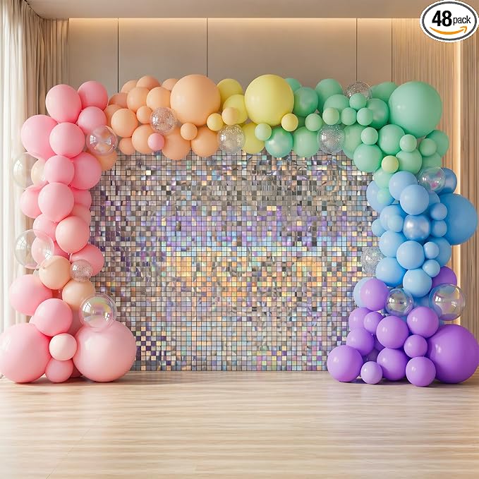 Iridescent Silver Shimmer Wall Backdrop 48 Panels Cover 6 x 8 Ft, Photo Backdrops for Wedding,Anniversary,Birthday,Party Decoration
