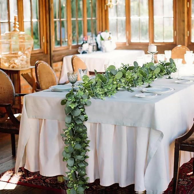 2pcs Artificial Eucalyptus Garland, 5.9FT Greenery Garland Vines Decoration, Faux Silver Dollar Eucalyptus Leaves for Table Home Wedding Mantle Party Indoor Decor