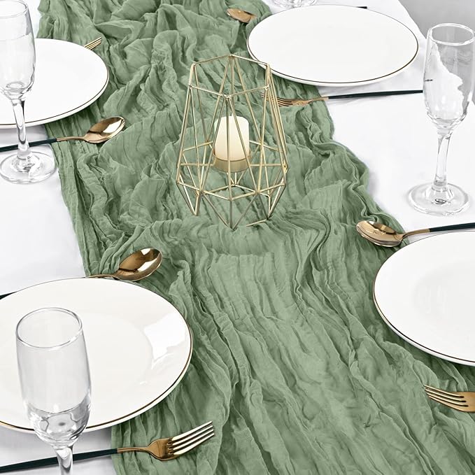 12 Pack Sage Green Table Runner, 10FT Cheesecloth Table Runner Long Romantic Semi Sheer Rustic Boho Gauze Table Runners for Wedding Bridal Shower Birthday Party Decorations(21.5×120 Inch)