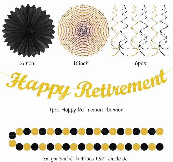 Black Gold Women-Men Happy-Retirement Party-Decorations - 21pcs Celebration Banner,Paper Streamers Lanterns Honeycomb,Tissue Flowers Pom Poms Fan, Classroom Backdrop Supplies Garland Decor Huglony