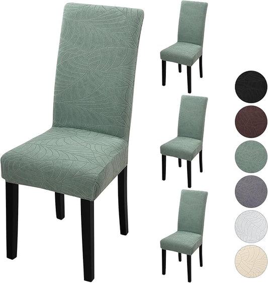 Fuloon Chair Covers for Dining Room 4 Pack, Solid Stretch Dining Chair Covers, Washable Kitchen Slip Covers, Jacquard Parson Chair Covers Set of 4(Leaf Jacquard Green, 4 Pack)
