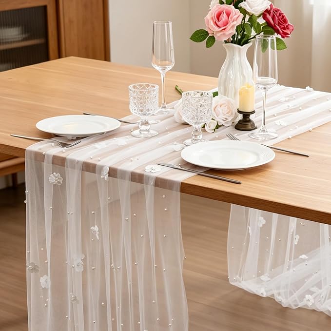 BINBE Flower Pearl Table Runner Spring Summer Rustic Boho 10ft Tulle Table Runner for Baby Shower Wedding Veil Holiday Dessert Table Decor White