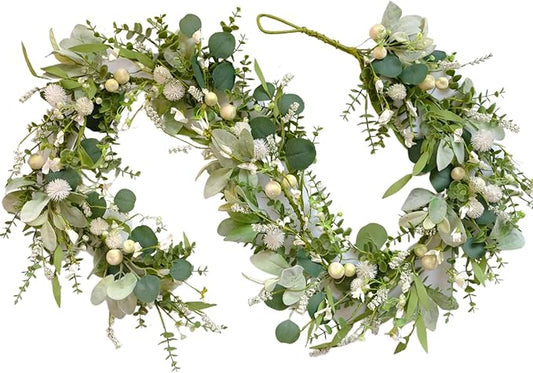 70-inch Spring Garland Green Eucalyptus Leaves with White Fruits Thorns Garland Spring Summer Vine for Front Door Fireplace Dining Table Home Decor, Wedding Arch Party Festival Decor