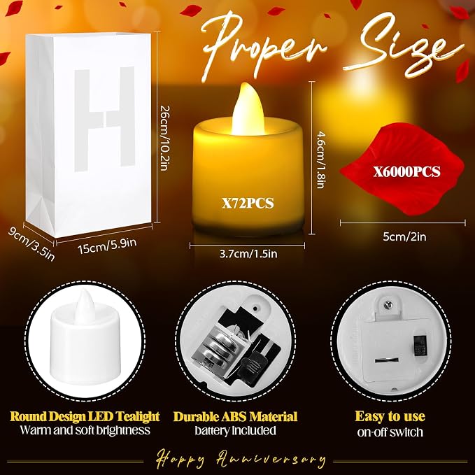 Aurelema 6088 Pcs Happy Anniversary Light up Letters with LED Flameless Tealight Candle Red Rose Petal Letter Luminary Paper Bag for Valentine's Day Decorations Proposal Romantic Special Night Decor