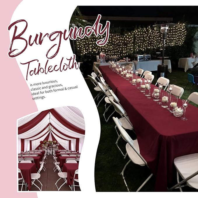 Showgeous 4 Pack Burgundy Rectangle Tablecloth 60 x 126 Inch, Wrinkle Resistant Washable Polyester Table Cloth Cover for Wedding Dining Table Buffet Parties