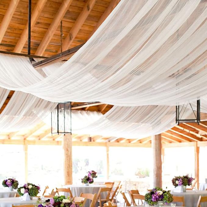 FOTSHARER White Wedding Ceiling Drapery 2 Panels 5ftx20ft Chiffon Fabric Drapes Wedding Arches for Ceremony Chififon Sheer Curtains Canopy Ceiling Curtains Drape for Bridal Shower Prom Arbor Drapery