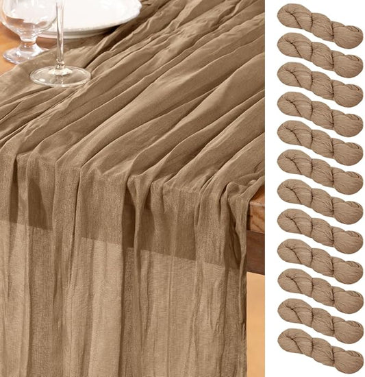 DeZerlor Nude Cheesecloth Table Runner 12 Pack Spring Easter Table Runners Boho Gauze 120 Inches Coffee Cheese Cloth Table Decor for Wedding Bridal Baby Shower Parties
