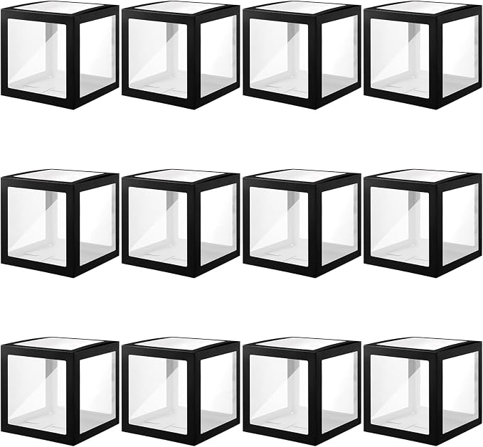Thyle 12 Pcs Transparent Balloon Boxes Clear Balloon Boxes with 99 Letters for Baby Shower Gender Reveal Grad Birthday Party Bridal Wedding Anniversary Backdrop Decoration (Black)
