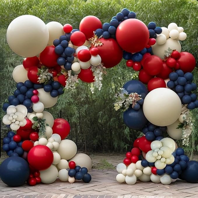 Navy Blue Red Balloon Garland Double Stuffed Red White Blue Balloons Nude Cream Sand Latex Arch Kit for Birthday Baby Shower Patriotic Graduation Baseball 4th of July Party Decorations