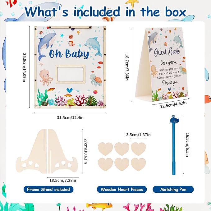 Under The Sea Baby Shower Decorations,Ocean Animals Baby Shower Guest Book Alternatives with Whale Pen,60 Heart Wood Slices for 60 Guests,Oneder The Sea Birthday Party Decorations Girl