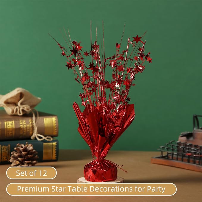 12 Pack Red Metallic Foil Spray Centerpiece Star Table Decoration Burst Table Centerpieces for Birthday New Year Wedding Anniversary Graduation Party Supply (Red)
