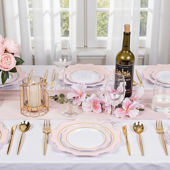 WDF 100PCS Pink Plastic Plates - Heavy Duty Pink and Gold Disposable Plates - Include 50 Dinner Plate and 50 Cake Plastic Plate for Baby Shower/Wedding/Spring/Bridal Shower/Tea Party/Mother's Day