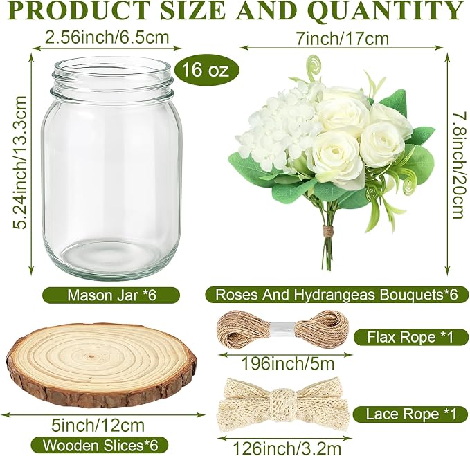 Set 6 Mason Jar Table Centerpiece - Wedding Centerpieces for Tables, Mason Jar Flower Centerpiece Vases Decor- Boho Farmhouse Rustic for Engagement, Bridal Shower, Wedding, Versatile Decor (White)