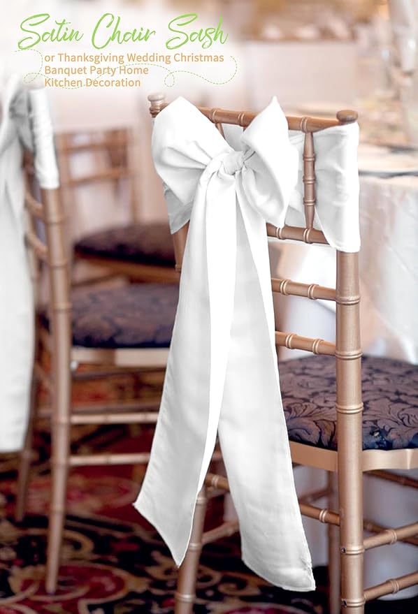 120 PCS White Satin Chair Sashes, Ties Bows Designed Chairs Decorative, Chair Cover Sashes for Thanksgiving Wedding Christmas Banquet Party Home Kitchen Decoration (7 x 108 inch)