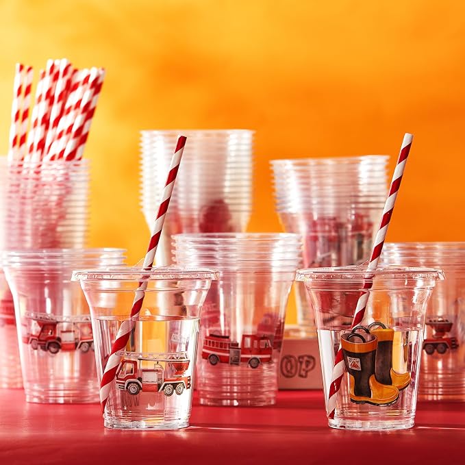 Qinyoung 60 Pcs Watercolor Fire Truck Party Cups with Lids and Paper Straws 14 oz Disposable Clear Plastic Cups for Firefighter Birthday Party Favor Supplies Decorations