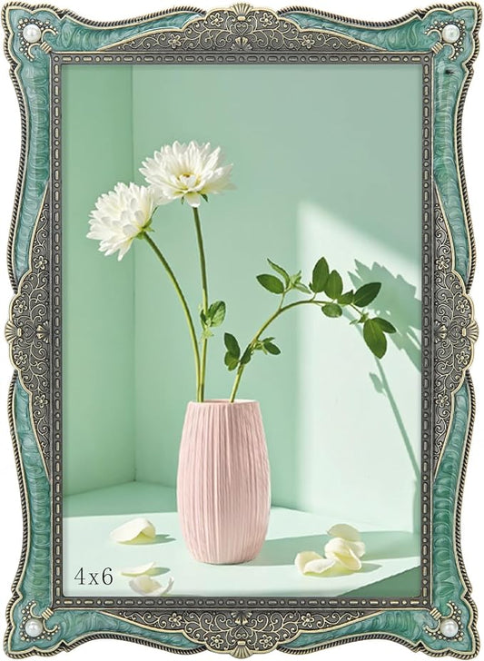 4x6 Vintage Picture Frame Green Metal Emerald Antique Brass Pearl Photo Frame Retro Home Decor, Clear Glass Front, Unique Gifts for Women Wedding Mothers Day, Horizontally & Vertically