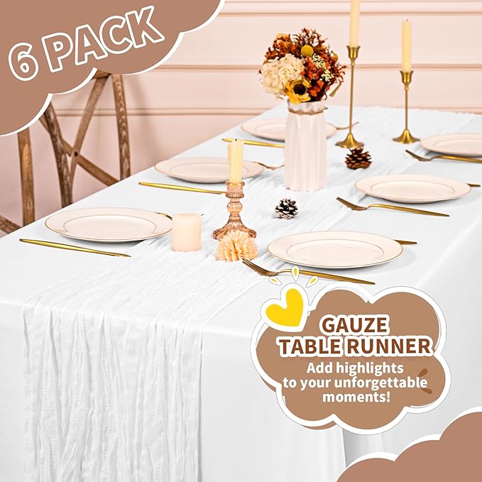 6 Pack Cheesecloth Table Runner,White Table Runner Long Romantic Semi Sheer Rustic Boho Gauze Table Runners for Wedding Bridal Shower Birthday Party Decorations(17.7×108 Inch)