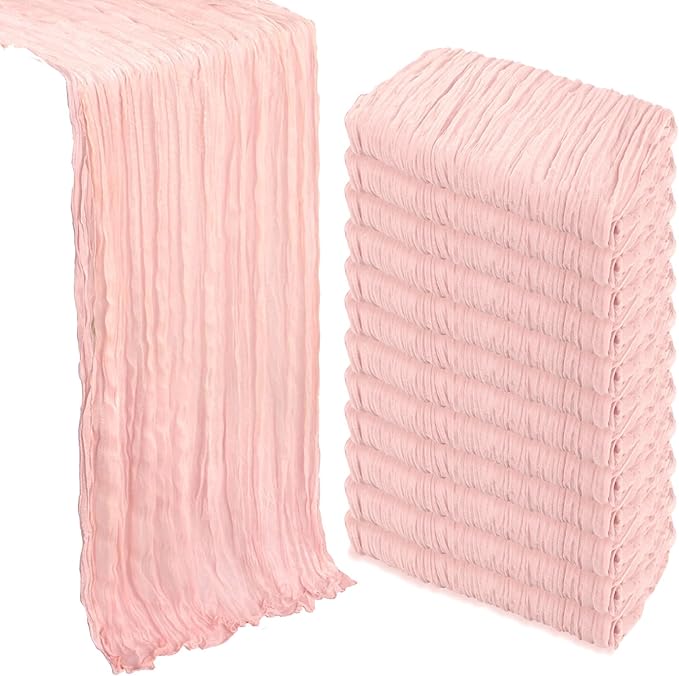 12 Pack Blush Pink Table Runner Cheesecloth 10Ft Spring Gauze Cheese Cloth Table Runner 35x120 Inch Boho Sheer Rustic Fabric for Holiday Party Decor Baby Shower Wedding Decorations