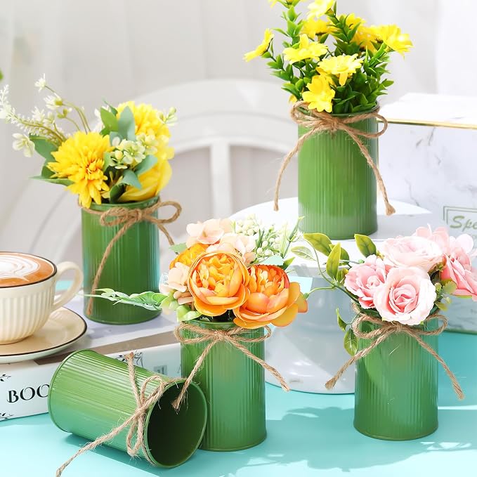 Rustic Vase for Table Centerpieces 4.33 Inch Small Petite Flower Vase with Twine Bow Vintage Farmhouse Decor for Wedding Reception Dining, Home Galvanized Metal Buckets(Sage Green,24 Pcs)