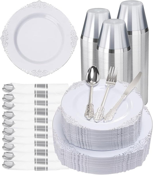 Goodluck 350 Piece Silver Plastic Dinnerware Set for 50 Guests, Fancy Disposable Plates, Include: 100 Silver Rim Plastic Plates, 150 Silverwares, 50 Pre Rolled Napkins, 50 Cups for Party, Wedding