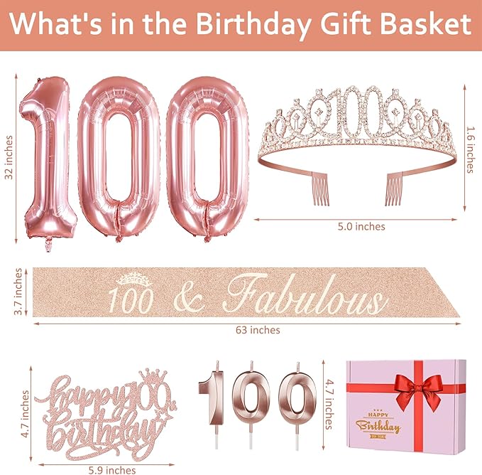 100th Birthday Decorations for Women, Include 100th Birthday Sash and Tiara, Cake Topper and Candles, Number Balloons, 100 Year Old Gifts Women